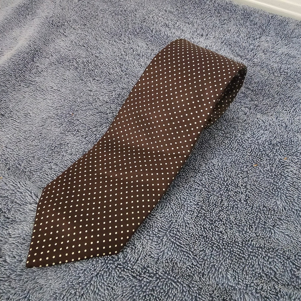 Count Barini Mens Silk Necktie Brown White Polka Dot Formal Business Tie
